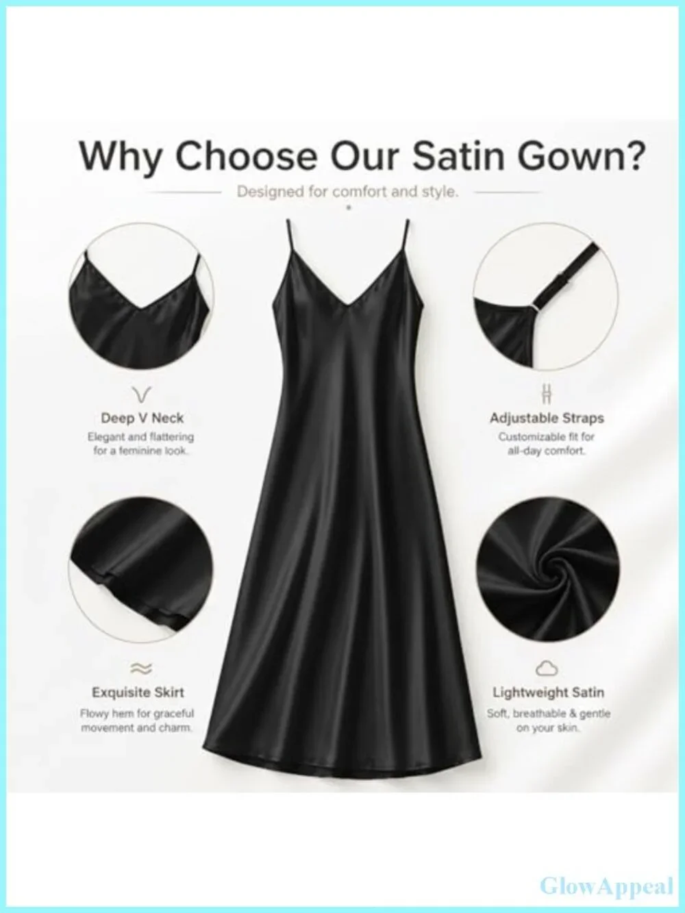 Women Soft Satin Nightgown Long Slip Dress Silky Chemise V-Neck Adjustable Strap